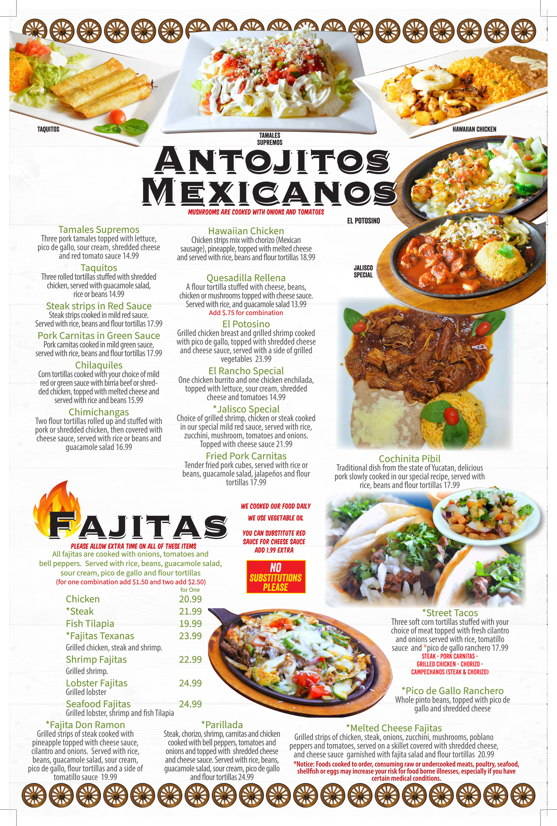 Menu for Mexican food, with various dishes and pricing.