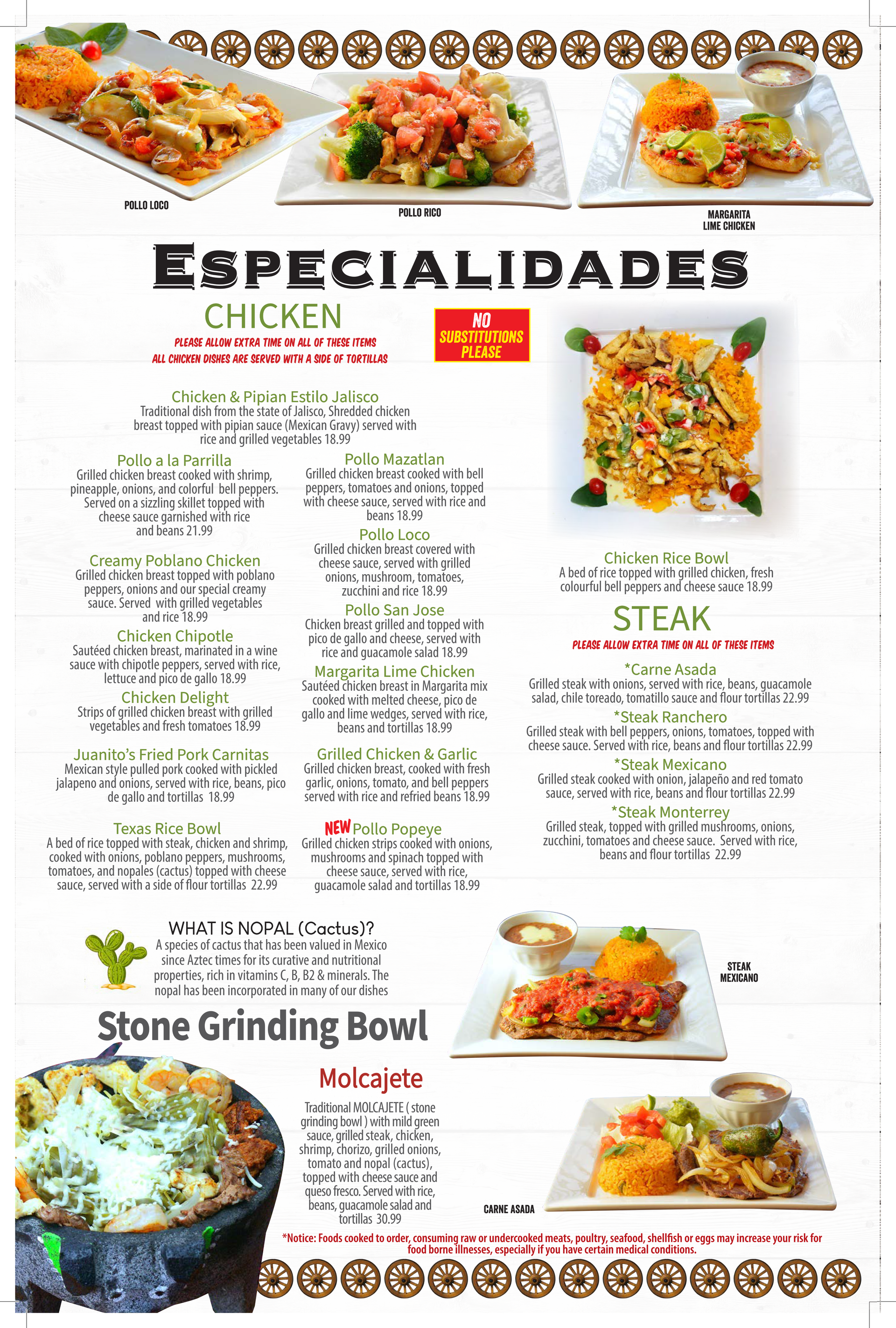 Restaurant menu with chicken, steak, stone grinding bowl, and rice dishes.