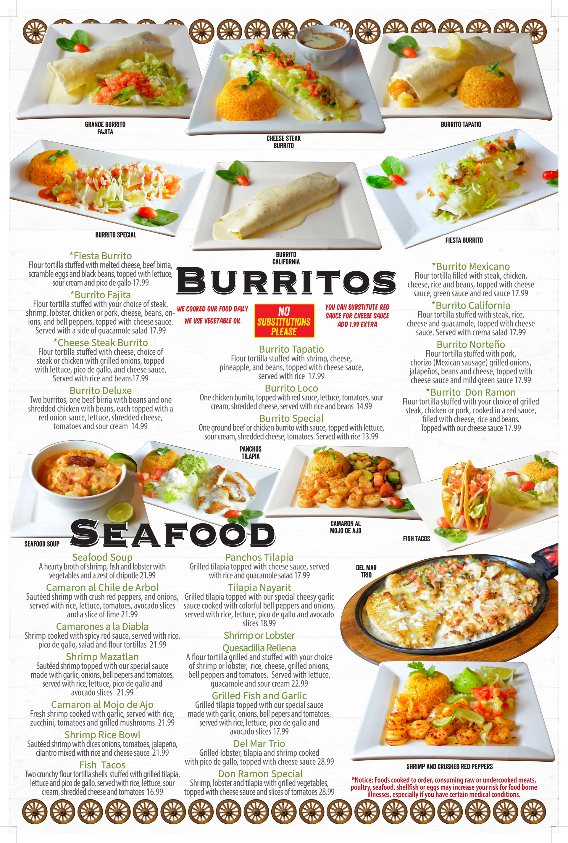Menu board with burritos and seafood dishes.