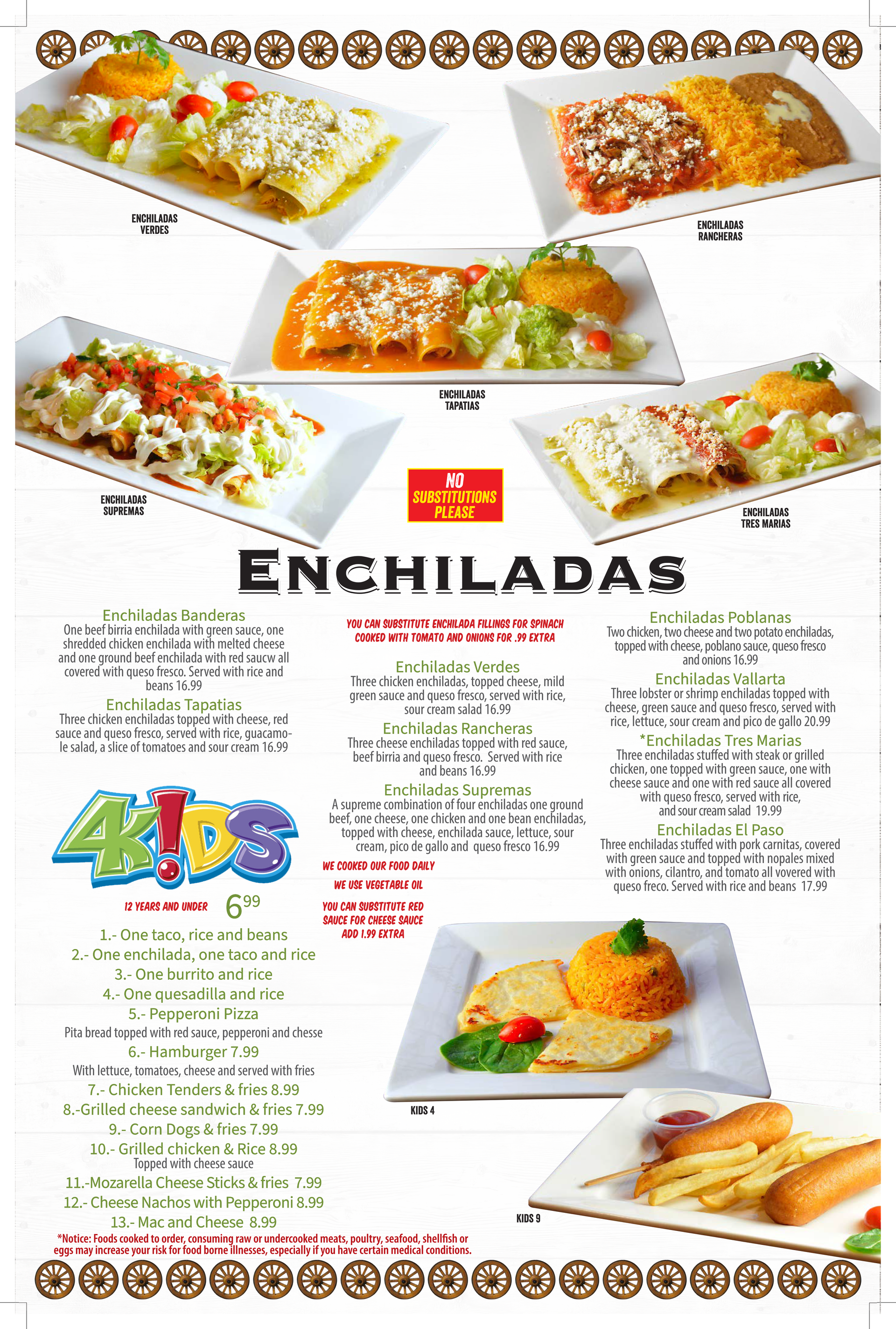 Menu page featuring various enchilada dishes and side plates.
