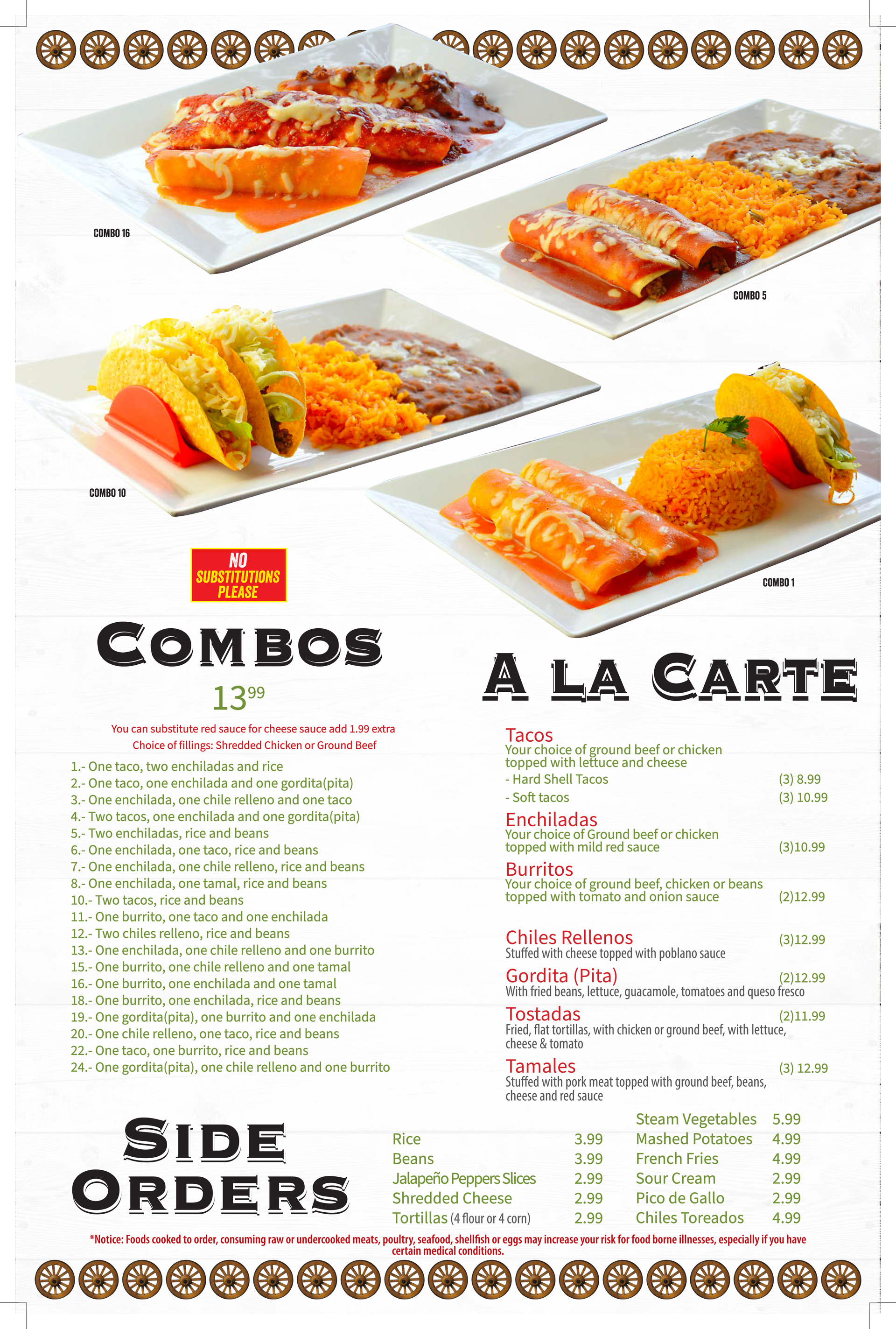 Menu with combo plates, à la carte items, and side orders of Mexican food.