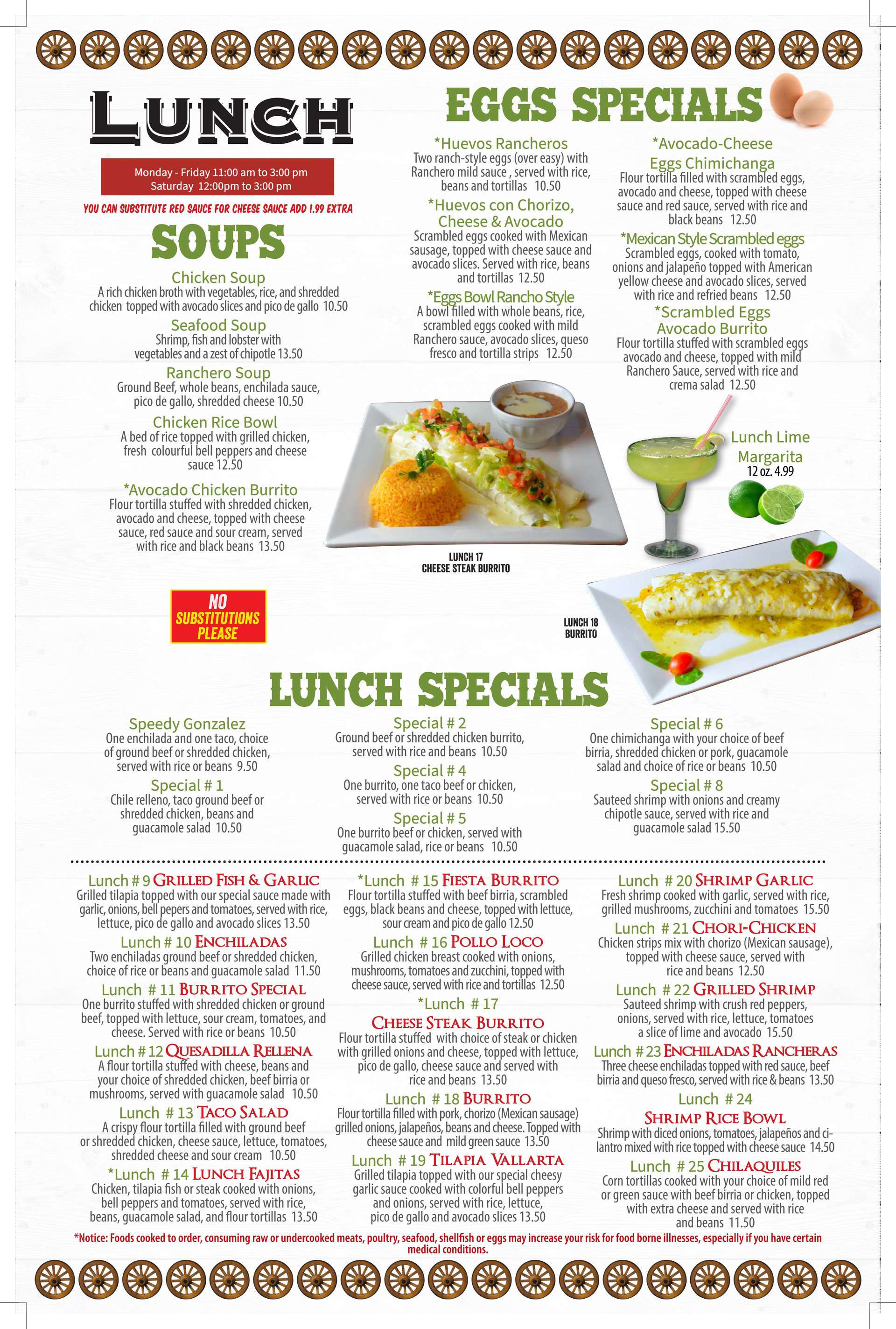 Menu with lunch specials, soups, egg dishes. Includes food photos like enchiladas and a margarita.