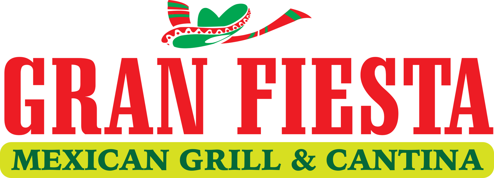 Logo for Gran Fiesta Mexican Grill & Cantina. Red text with green and yellow accents, sombrero graphic.