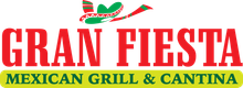 Logo for Gran Fiesta Mexican Grill & Cantina. Red text with green and yellow accents, sombrero graphic.