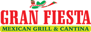 Logo for Gran Fiesta Mexican Grill & Cantina. Red text with green and yellow accents, sombrero graphic.