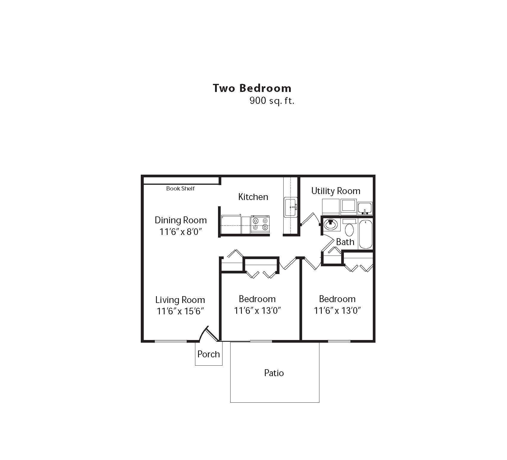 A black and white floor plan of a two bedroom apartment.