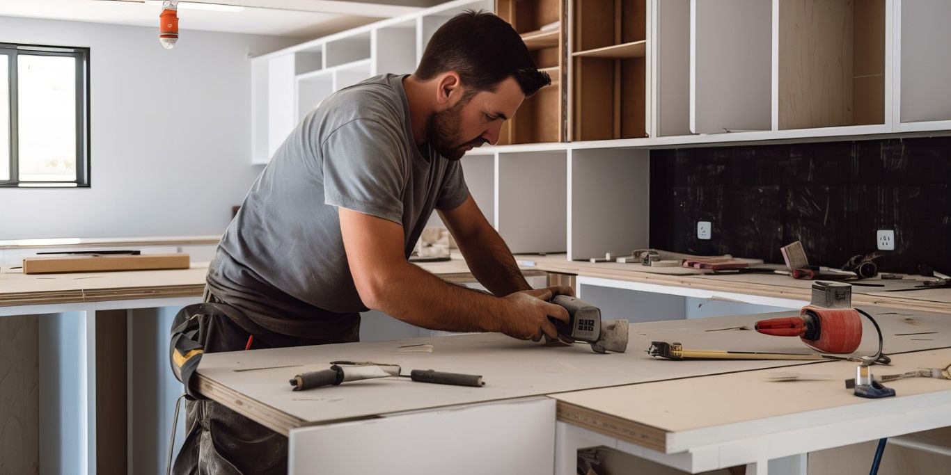 Man installing cabinets in a modern kitchen, working on a countertop with tools.