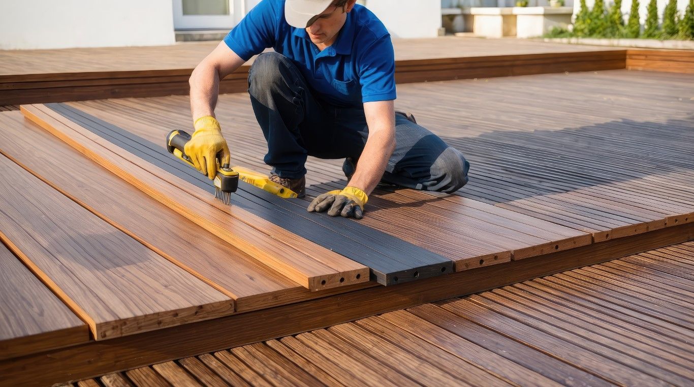 Worker in blue shirt applying roofing material with a yellow tool on a rooftop.