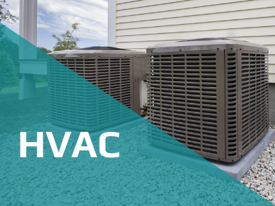 Two brown HVAC units outside a house, partially covered by a translucent teal graphic with the white text 
