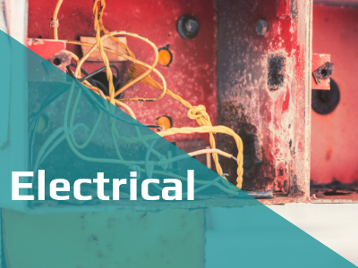 A close-up of yellow electrical wires inside a red, possibly damaged, electrical box with a turquoise graphic overlay.