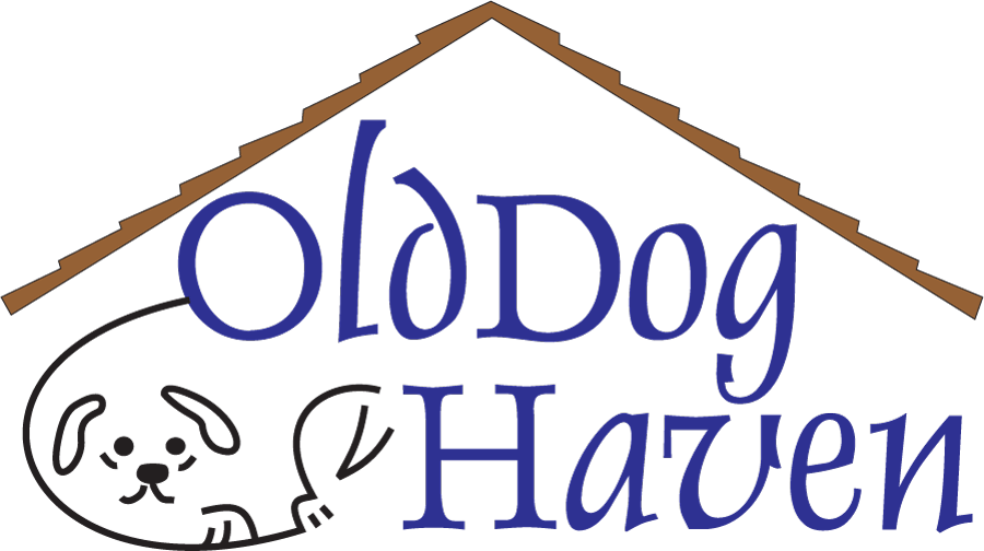 The logo for old dog haven shows a dog under a roof.