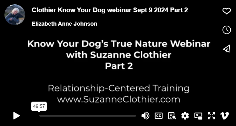 A video titled know your dog 's true nature webinar with suzanne clothier part 2
