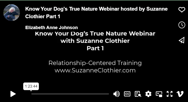 A video titled know your dog 's true nature webinar hosted by suzanne clothier part 1