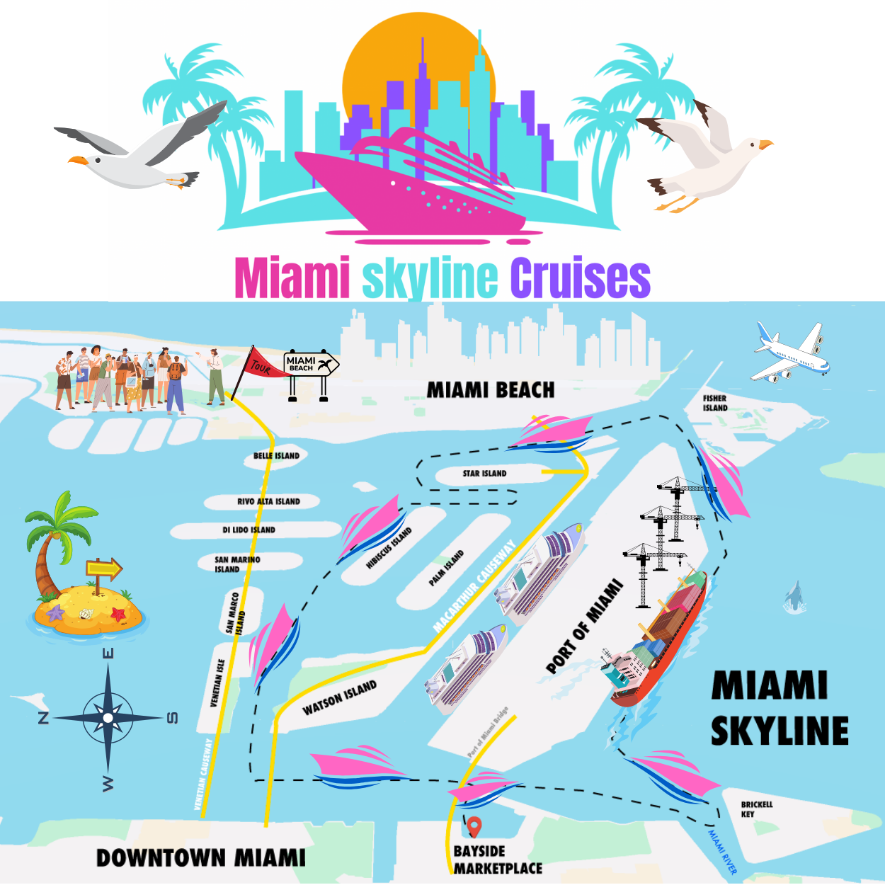 Miami Skyline Cruise Route Map bes Miami Boat tour route from Bayside Marketplace.