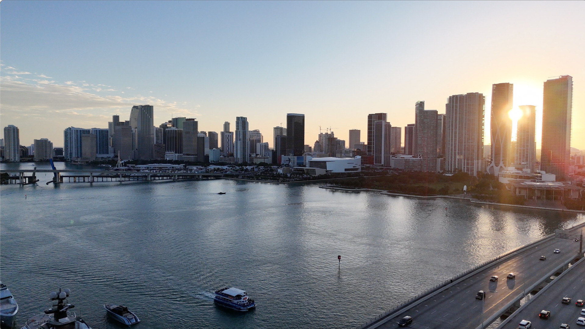 a beautiful Miami Sunset from Bill Baggs Park. Tropical waters in Miami Downtown Miami. Best sunset Cruises