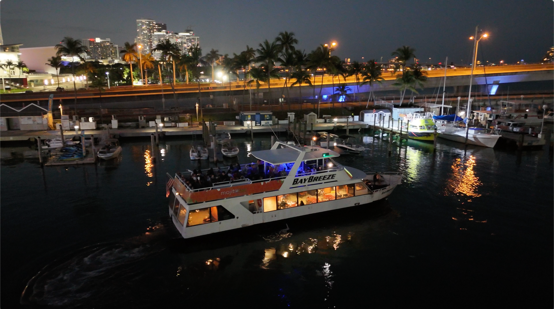 The beautiful Bay Breeze with the Mojito Bar on Board. What a Miami Boat tour experience.