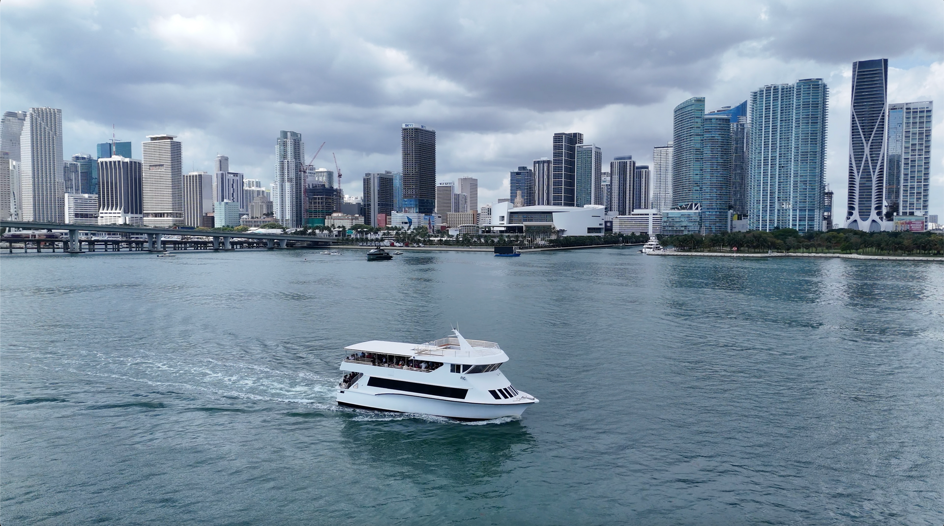 Miami Boat tour on Biscayne Bay with the Miami Skyline in the Background