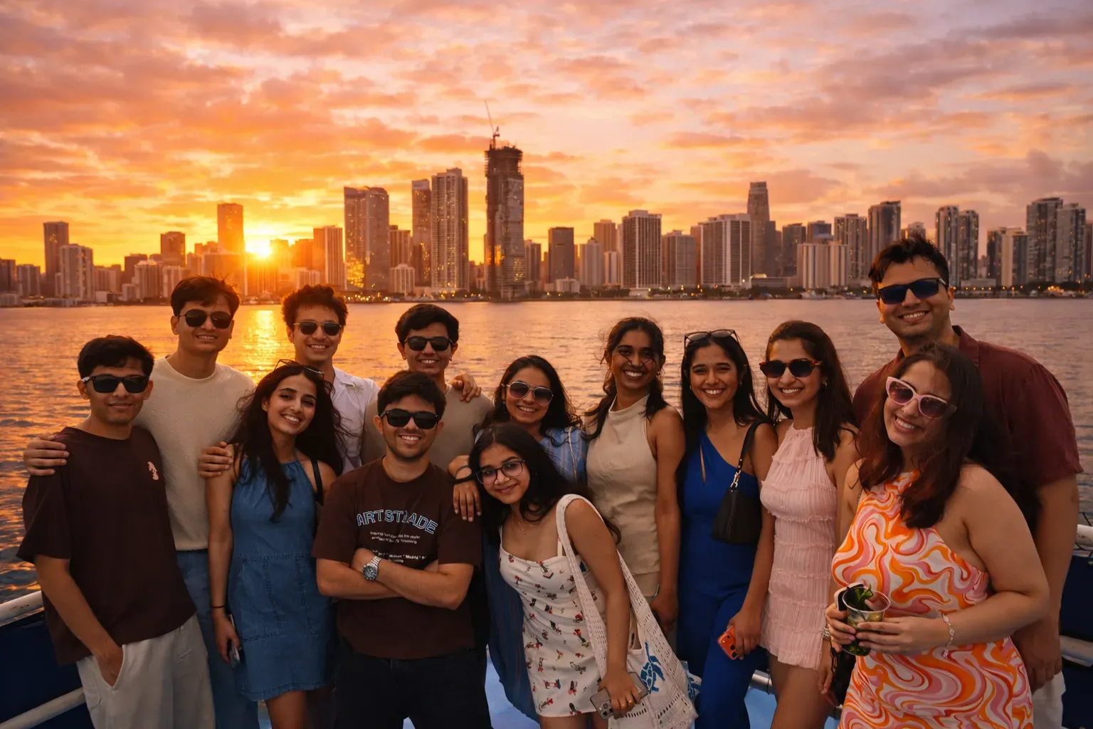 Friends creating unforgettable memories during a Miami Sunset Cruise departing from Bayside Marketplace