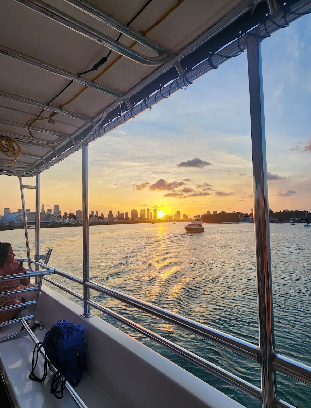 Sunset over the Miami skyline viewed from a Biscayne Bay sunset cruise.