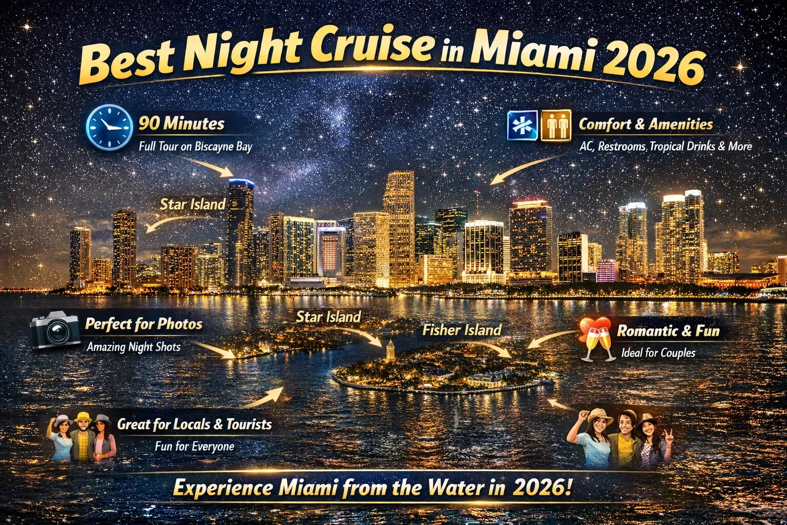 Best night cruise in Miami 2026 showing Miami skyline at night, Star Island, Fisher Island, and Biscayne Bay sightseeing highlights.