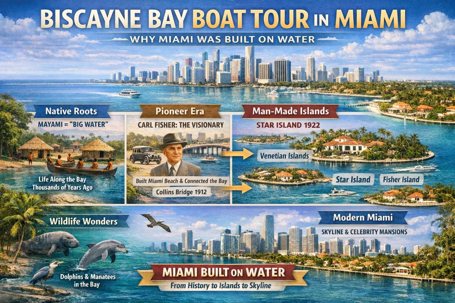 Infographic showing the history, wildlife, and skyline highlights of a Biscayne Bay boat tour in Miami.