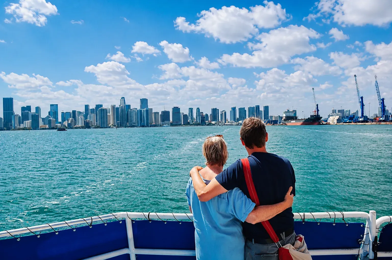 Couple enjoying a Biscayne Bay boat tour with panoramic views of the Downtown skyline of Miami, PortMiami, and the city's modern waterfront.