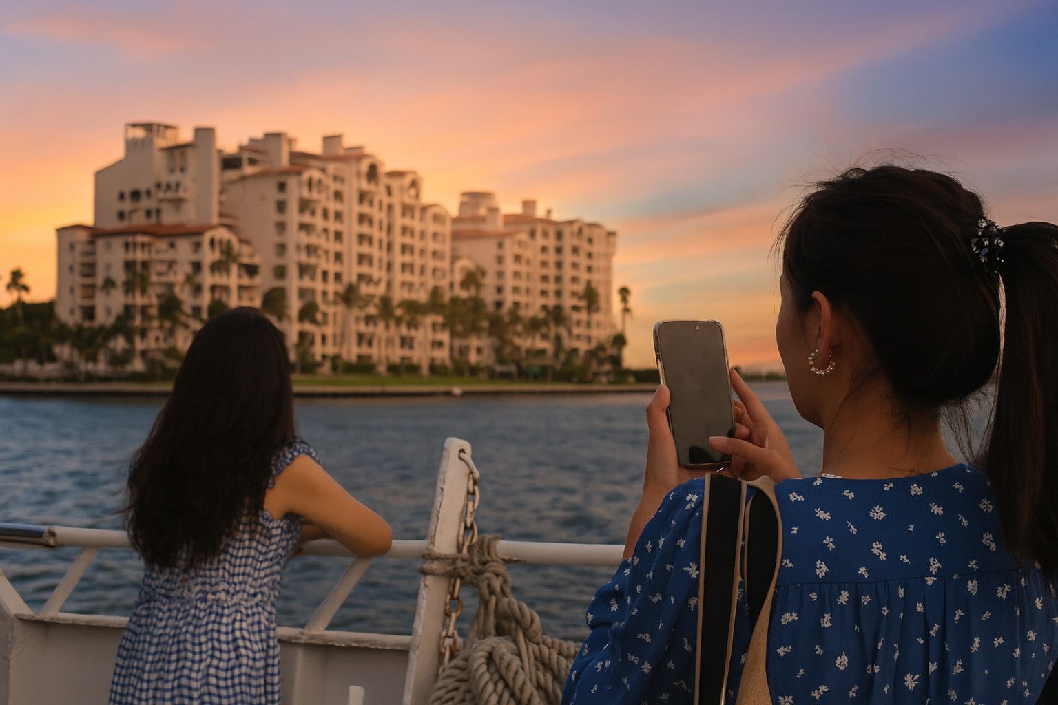 People enjoying a sunset view of Fisher Island from the water near downtown Miami