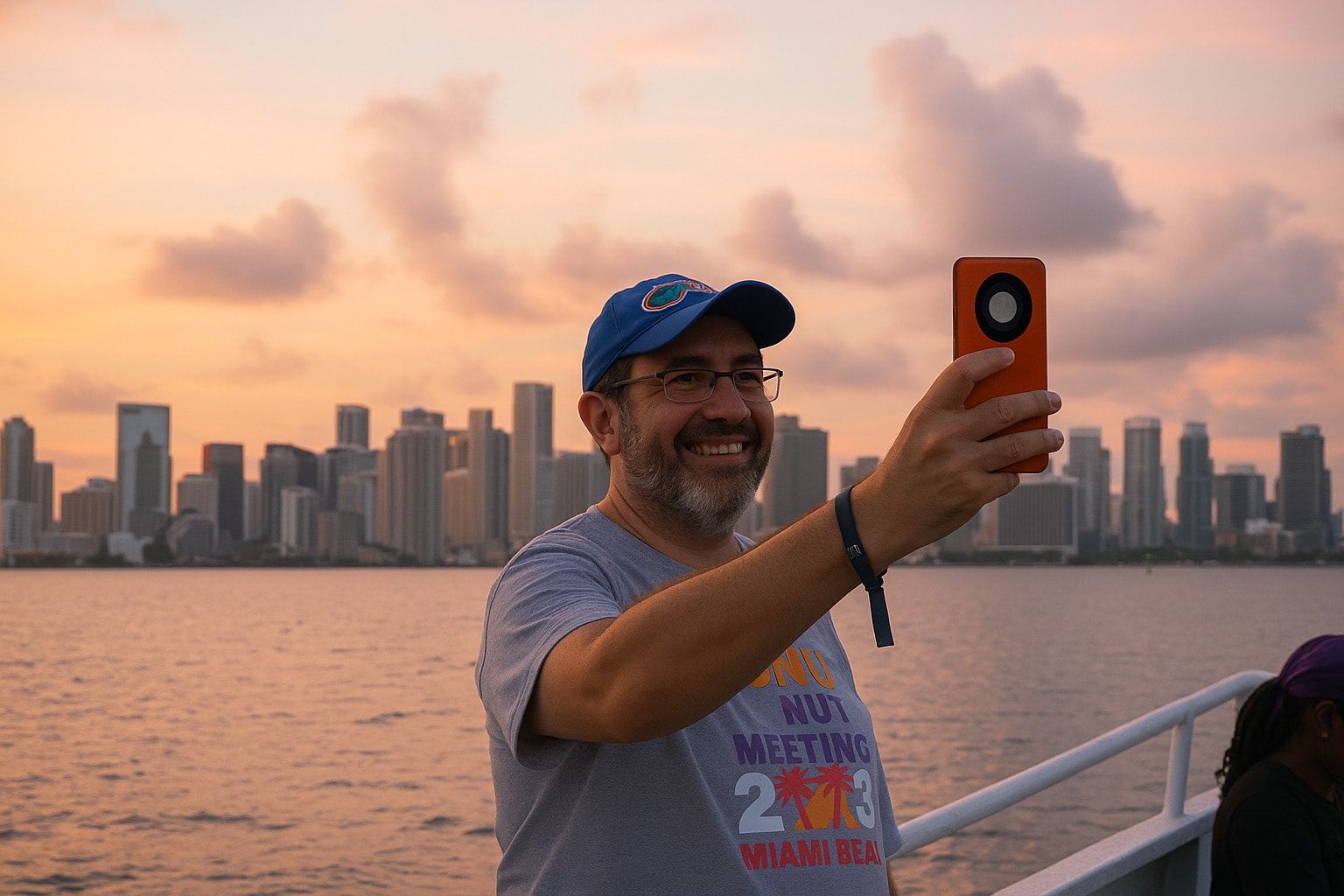 Smiling man selfie at sunset cruise