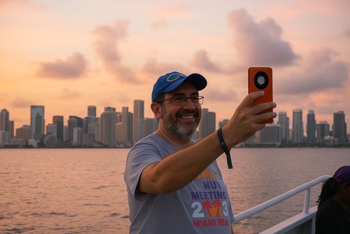Passenger taking selfies onboard a Miami Sightseeing Skyline Boat tour