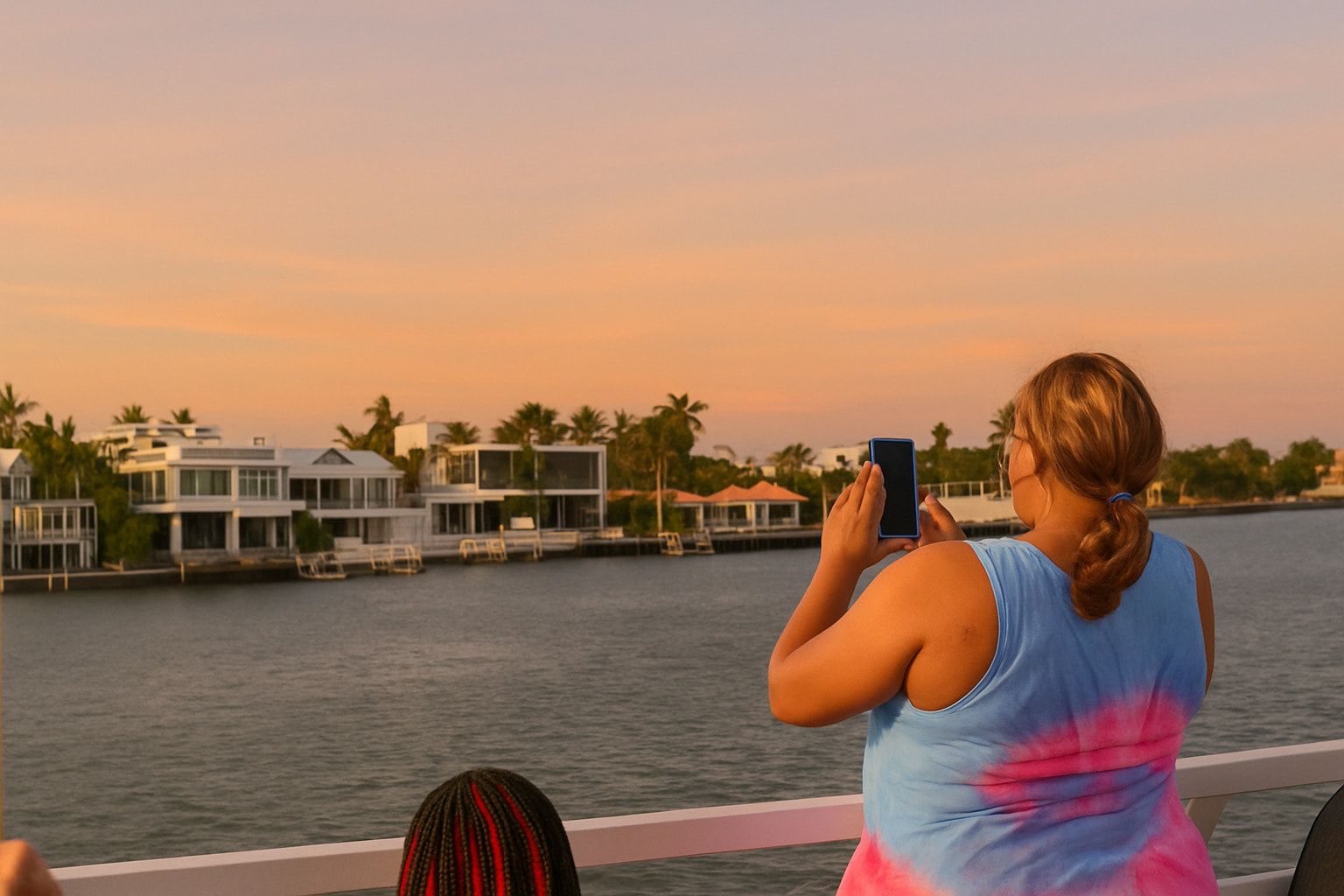 Star island seen on the Miami Sunset Sightseeing Cruise, passengers taking photos