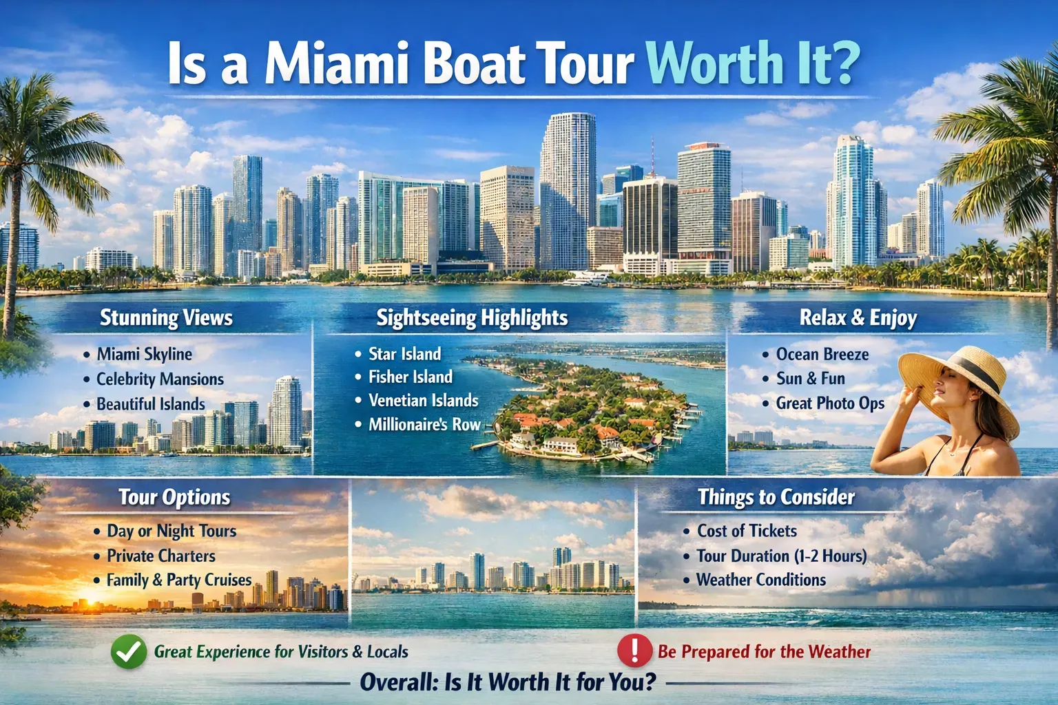 Is a Miami boat tour worth it infographic showing views, sightseeing highlights, tour options and weather tips in Miami