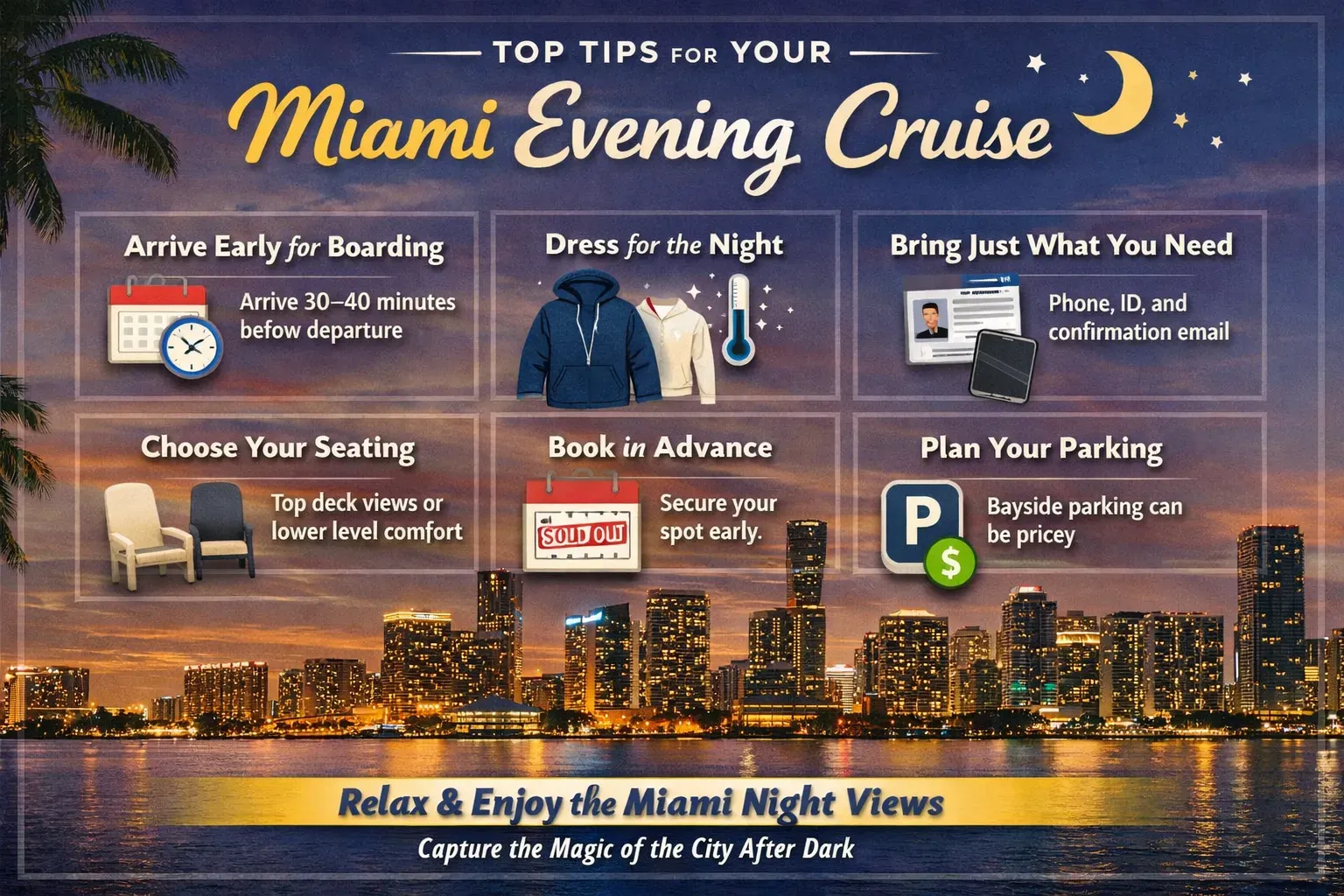 Miami evening cruise infographic showing tips, boarding times, night skyline views, and what to expect on a night cruise in Miami