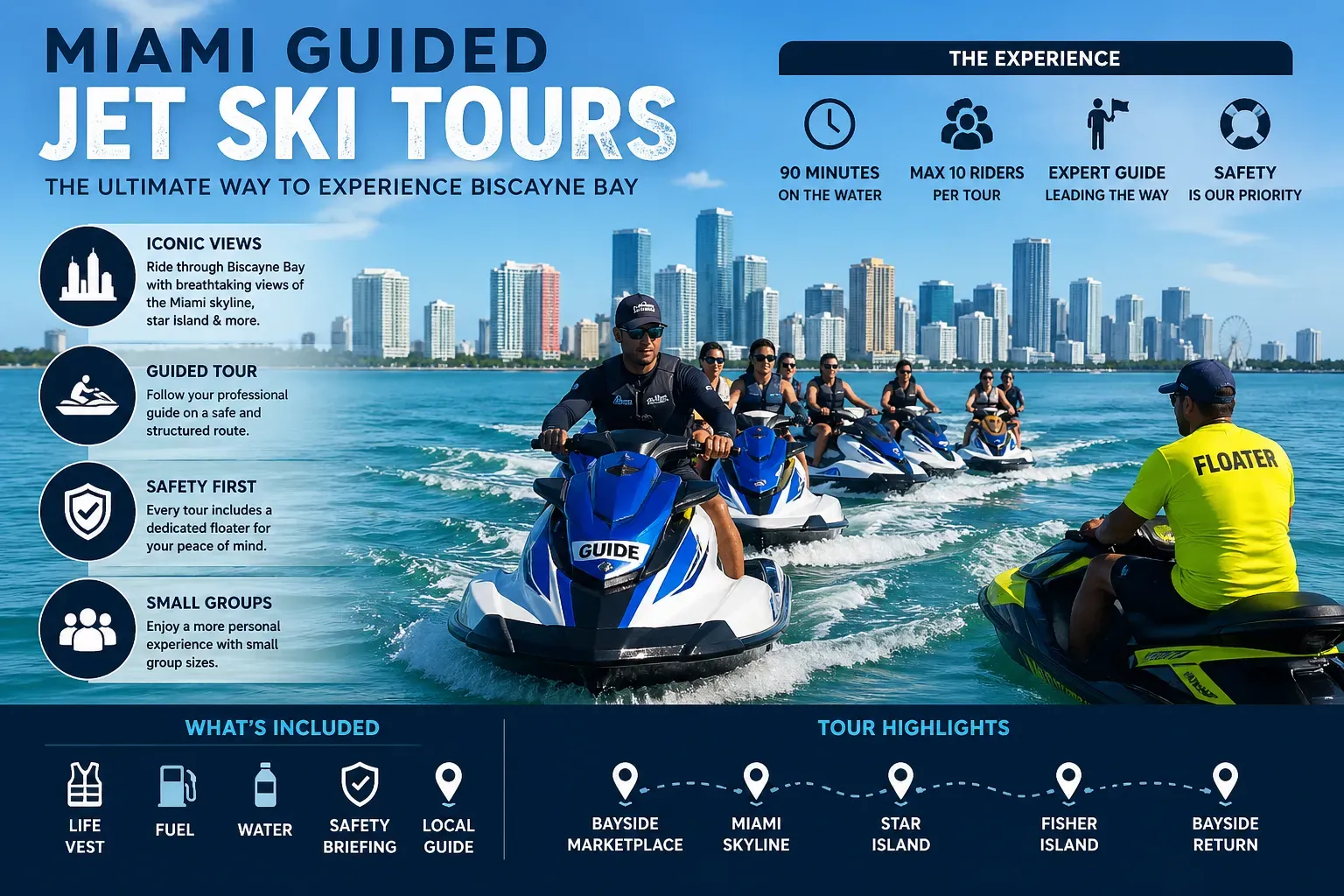 Miami guided jet ski tours infographic showing guide leading jet skis from Bayside Marketplace with floater support and Miami skyline views