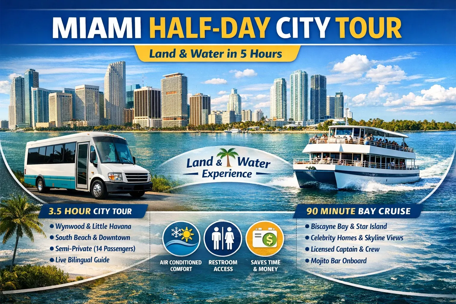 Miami half-day city tour infographic showing 5-hour combo experience with 3.5-hour city tour and 90-minute Biscayne Bay cruise.