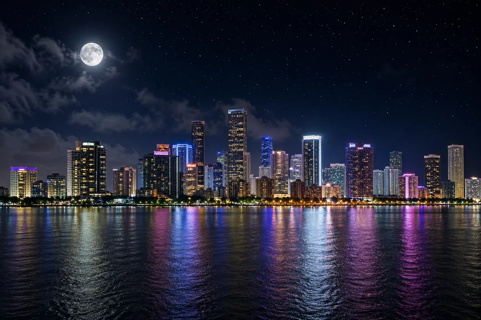 Infographic of Miami skyline at night with moon and stars over Biscayne Bay showing a perfect night in Miami