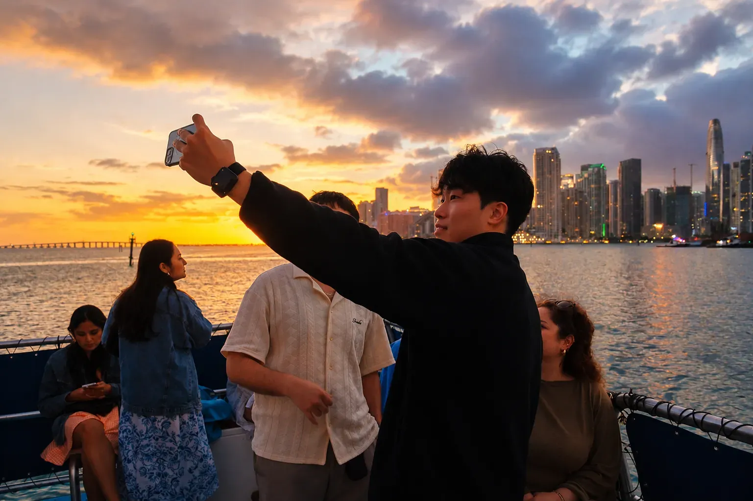 Miami Skyline From the Water during a sunset sightseeing cruise on Biscayne Bay