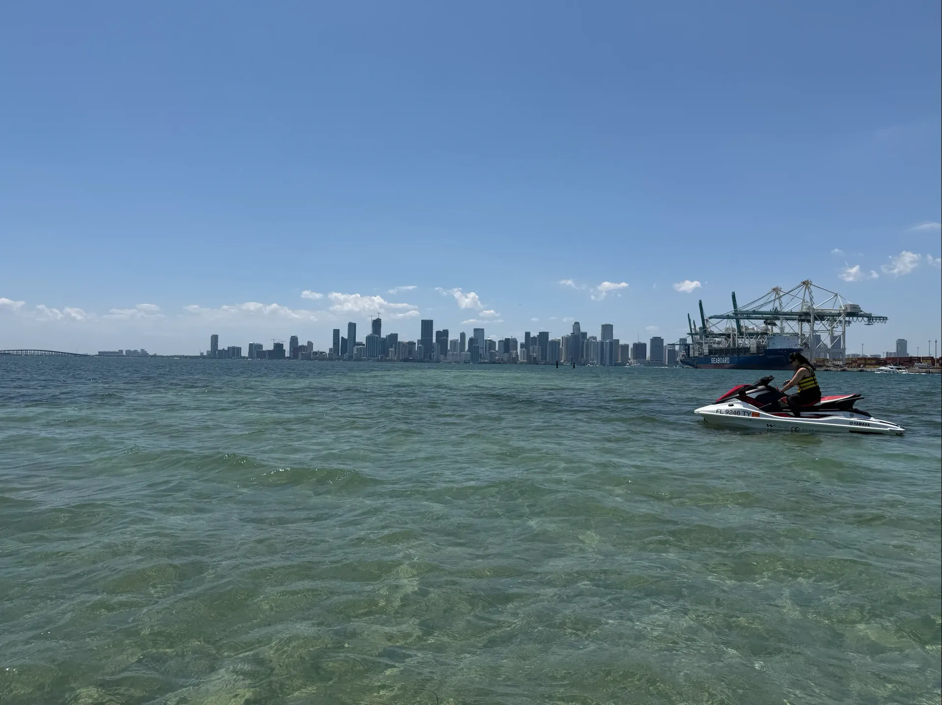 Guest enjoying Miami Skyline Jet Ski Rentals with panoramic views of Downtown Miami and the Port waterfront