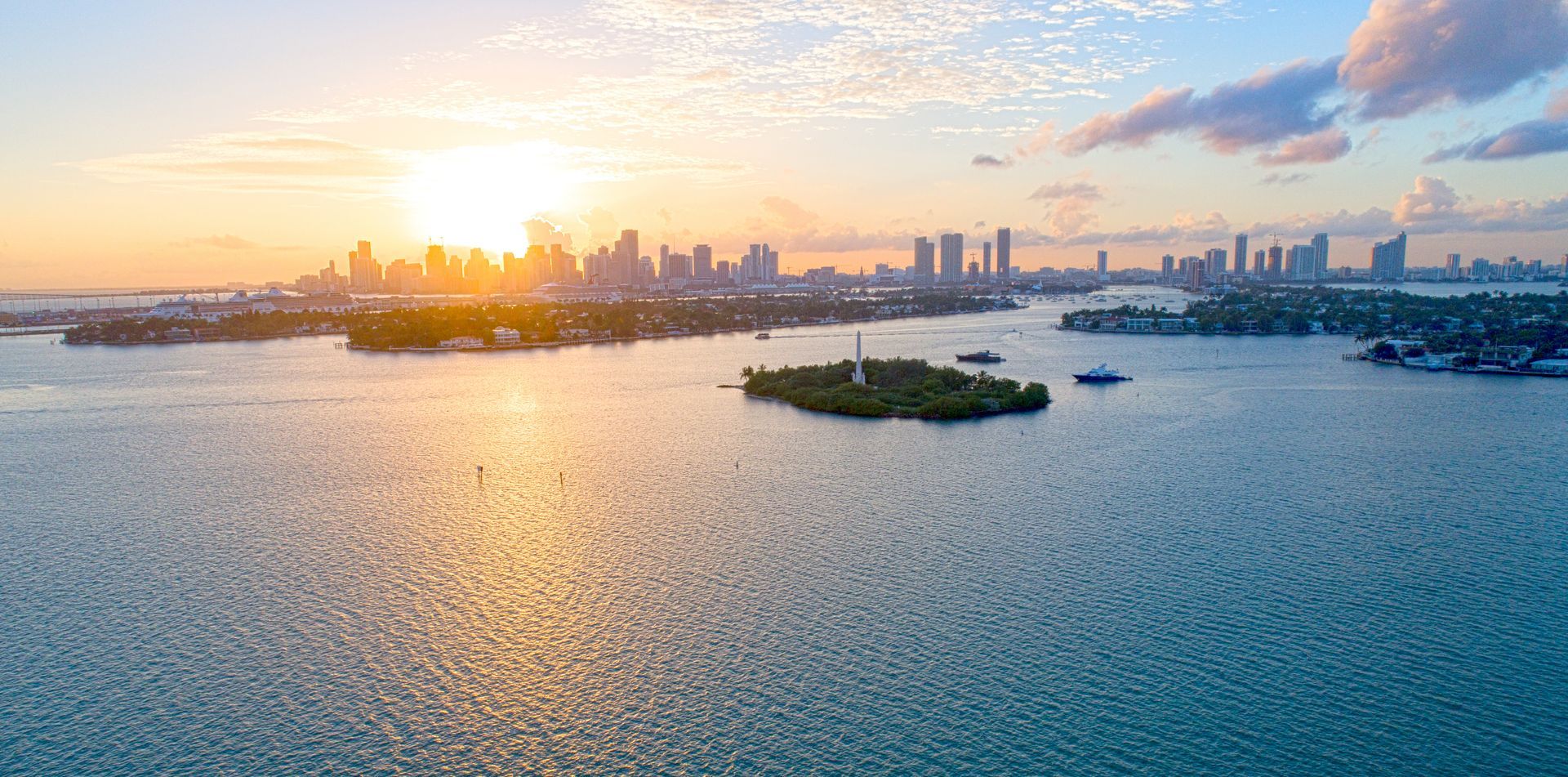 Monument Island seen on the Skyline Miami Cruise at sunset 