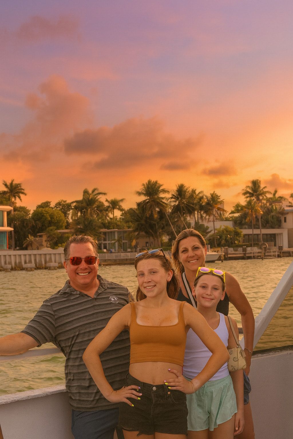 Family enjoying sunset cruise with waterfront mansions
