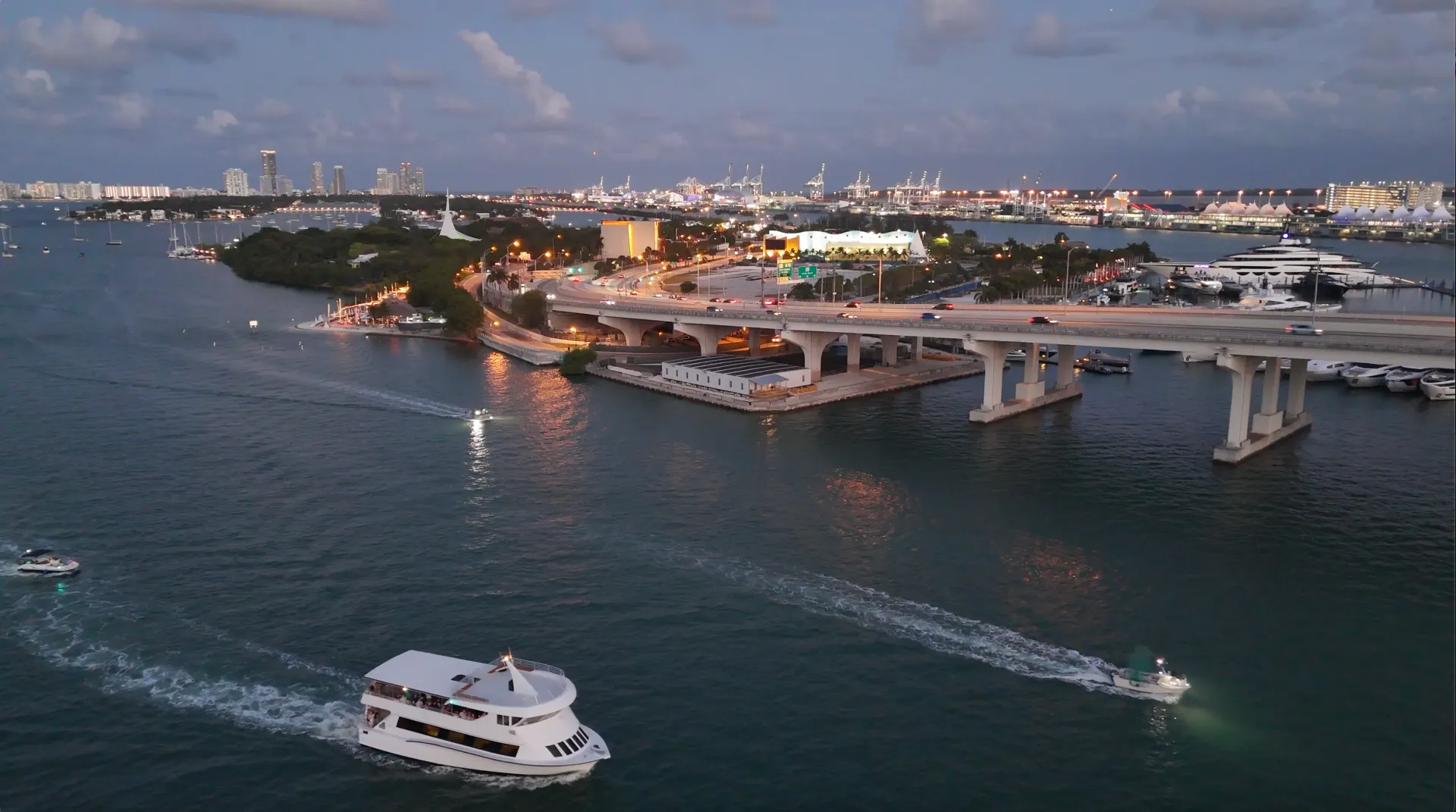 Aerial view of a Miami Sunset Cruise near Jungle Island and Biscayne Bay during evening hours