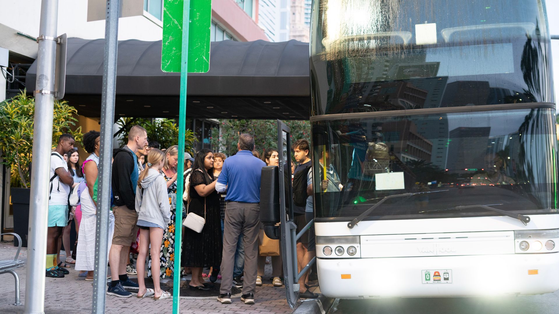 Fleet of sightseeing buses parked in Key West for Florida road tours
