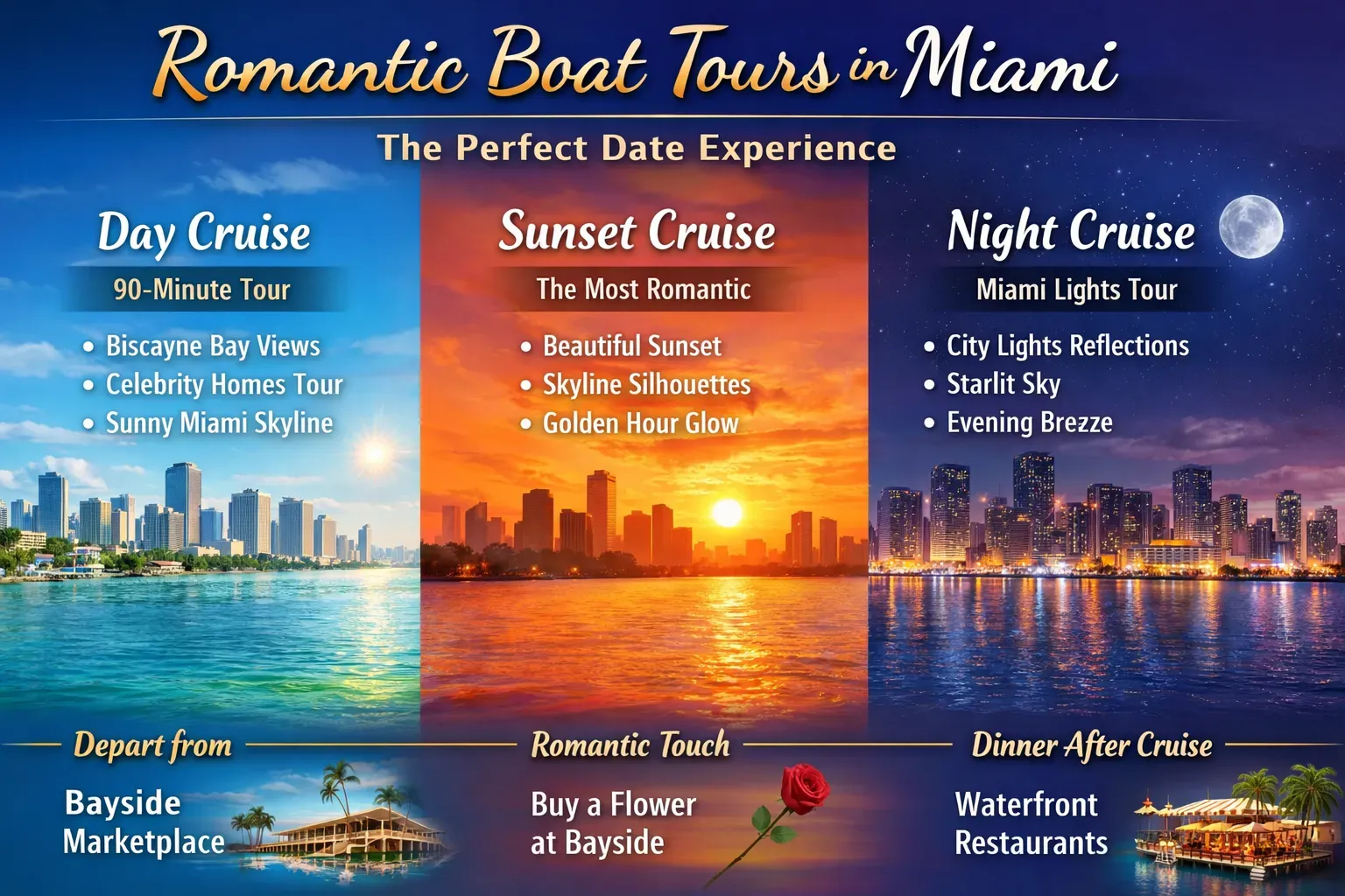 Infographic showing romantic boat tours in Miami including day cruise, sunset cruise, and night cruise experiences on Biscayne Bay.