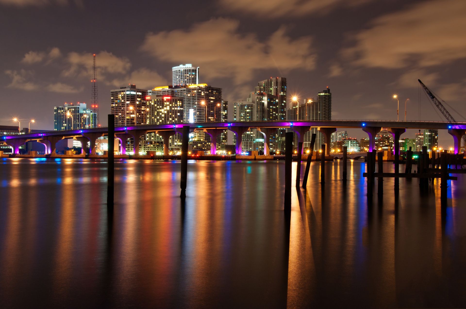 Miami Port of Miami Bridge light up with the Skyline in the background