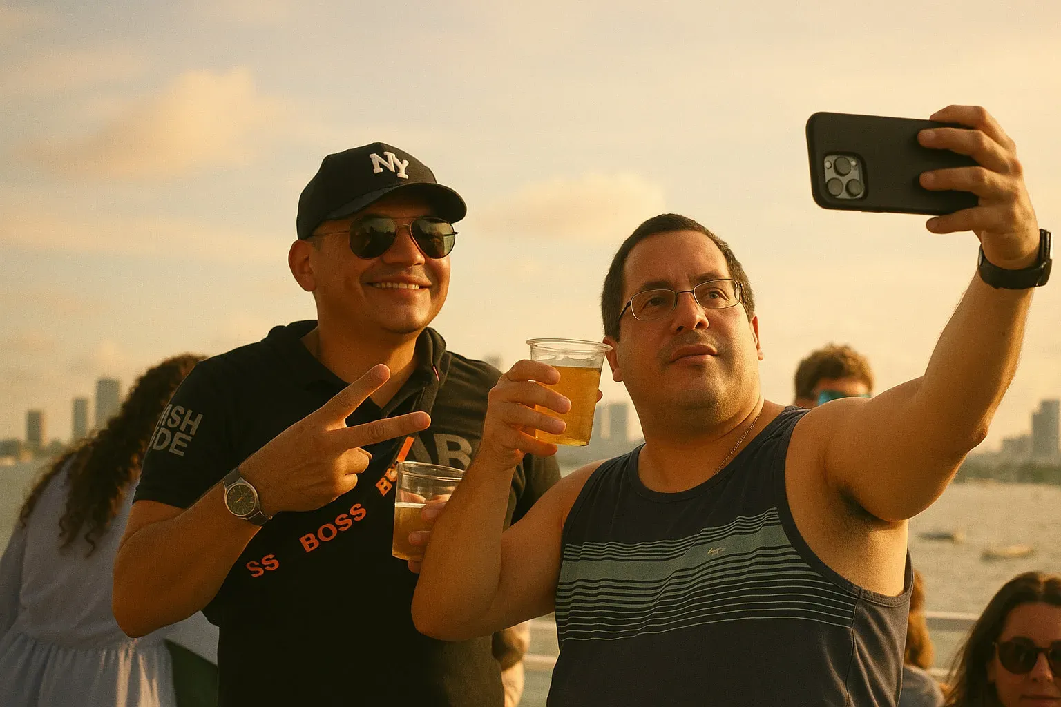Guests enjoying drinks and taking selfies during a sunset boat tour in Miami at golden hour