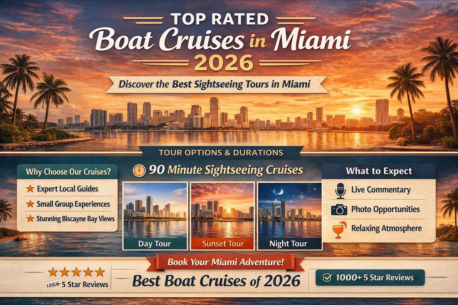 Top rated boat cruises in Miami infographic showing 90-minute day, sunset, and night sightseeing cruises.