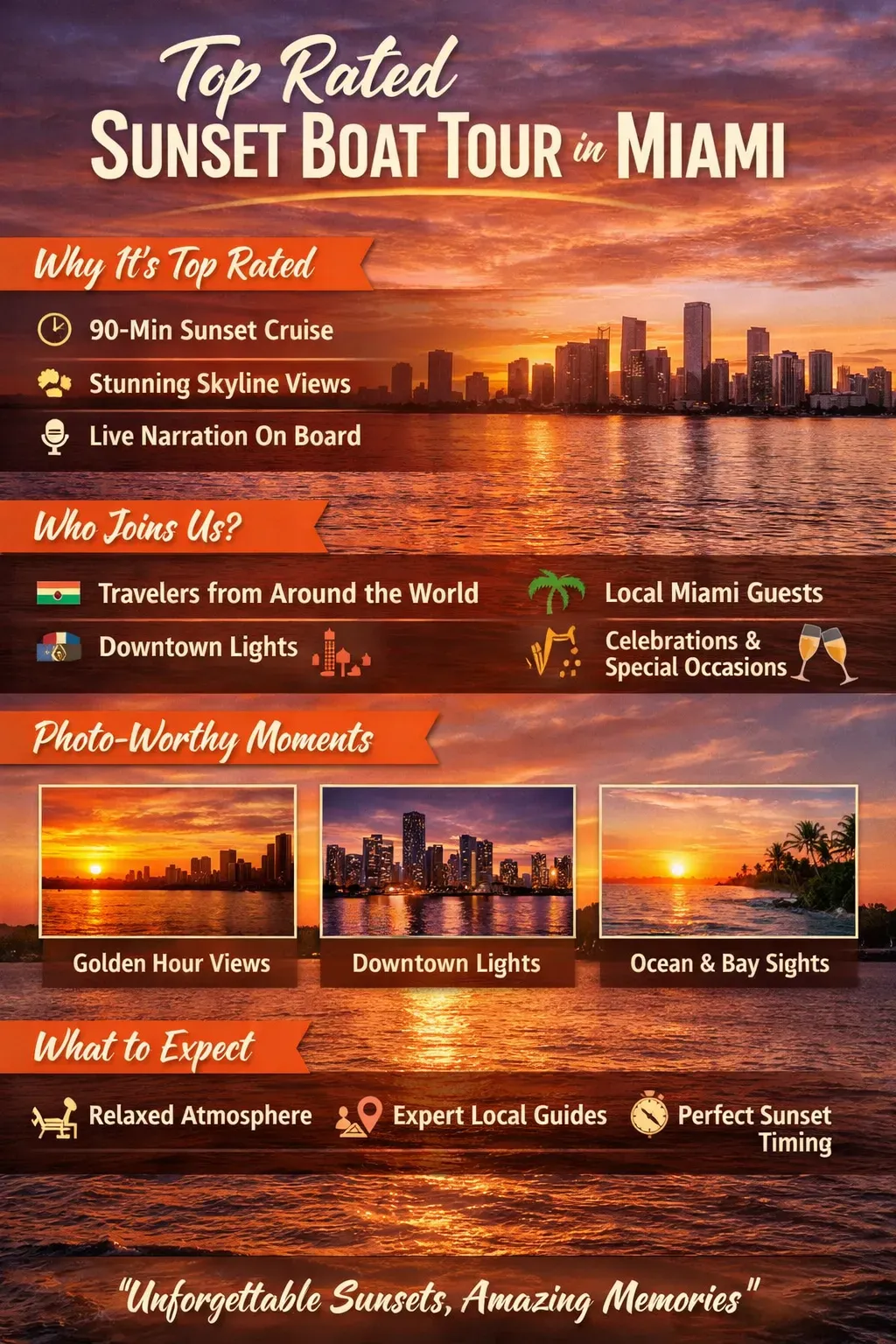 Infographic showing why this is the top rated sunset boat tour in Miami, including 90 minute route highlights and sunset experience details.