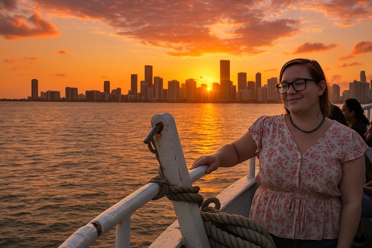 Guest enjoying the Miami Sunset Sightseeing Boat Tour, with views of the Skyline and Sunset in the background.