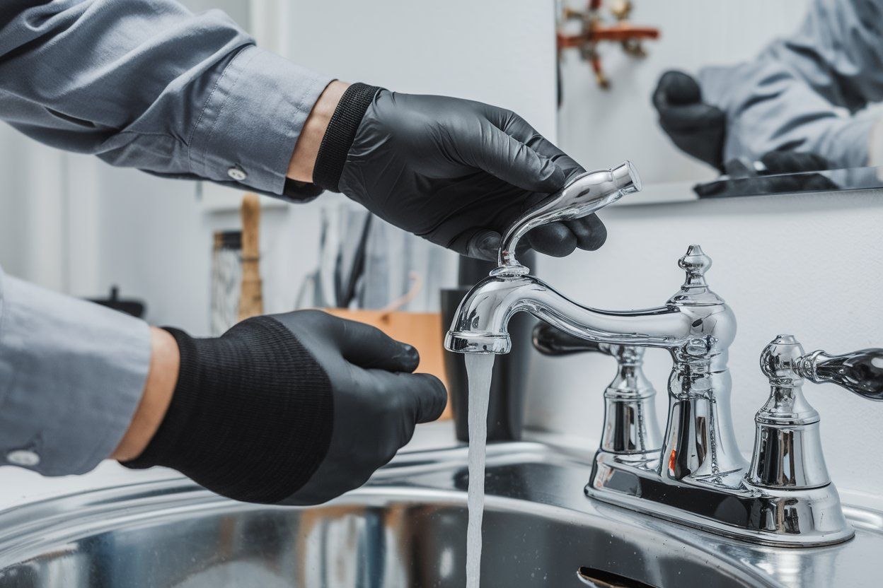 A plumber is fixing a faucet in a bathroom.