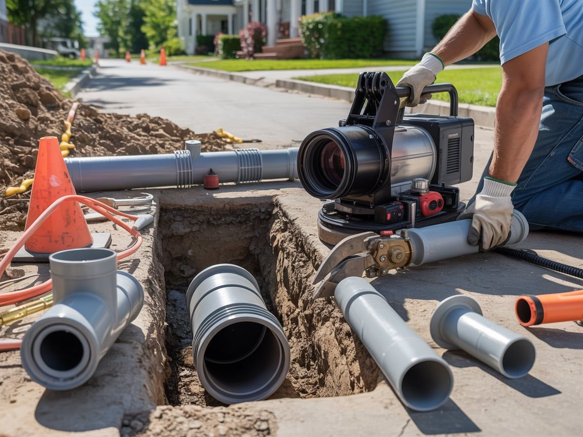 Man using a pipe fusion machine in a trench on a residential street; pipes, connectors, tools.