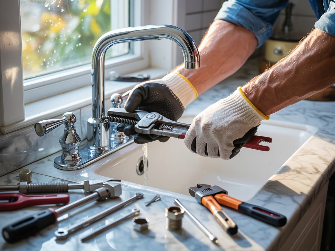 Plumber working on a sink faucet, using tools. Kitchen setting, with gloves.